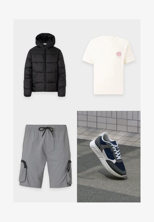 Fekete puffermellény kapucnival, vízszintes steppelésekkel, cipzáros elülső záródással és sima, fényes felülettel.; Fehér, rövid ujjú póló, bal mellen piros szöveggel "Studio Originals Edition", semleges szürke háttér előtt.; Szürke cargo sort könnyű anyagból, rugalmas derékkal és zsinórral, oldalsó zsebekkel és díszítő cipzáros zsebbel.; Cipő, amelynek sötétkék hálós felsőrésze, szürke velúr díszítései, fehér gumitalpa és lapos fehér fűzője van, a kényelem és a légáteresztő képesség érdekében tervezve.