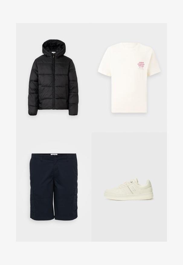 Musternaturmustar coat mustelhoovaga, hrisontaalsete tikandi paneelidega, tõmbluku ees sulgemisega ja sujuva, läikiva tekstuuriga.; Valge lühikeste varrukatega T-särk, millel on vasakul rinnal punane tekst "Studio Originals Edition", esitatud neutraalsel hallil taustal.; Tumed lühikesed püksid, mis on valmistatud kergest kangast, sisaldavad kahe küljetasku, vöökoharihmade ja sirget lõiget. Lihtne disain minimaalsete õmblustega.; Koor valged tossud perforatsiooni detailide, nööpide ja külje logo ka, esitatud ühtlase valge tausta ees.