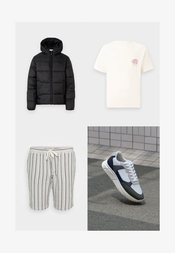 Crna puffer jakna s kapuljačom, koja ima horizontalne kvadratne panele, zatvaranje na zip sprijeda i glatku, sjajnu teksturu.; Bijela kratka majica s kratkim rukavima s crvenim natpisom "Studio Originals Edition" na lijevoj strani grudi, prikazana na neutralnoj sivoj pozadini.; Šorts od mješavine lana s vertikalnim prugama u tamnosivoj i krem bojama, sa elastičnim pojasom i vezicom, dužine iznad koljena.; Bijela, mornarsko plava i siva tenisica s dizajnom od miješanih materijala, koja ima teksturirani gornji dio, ravne vezice i udoban đon.