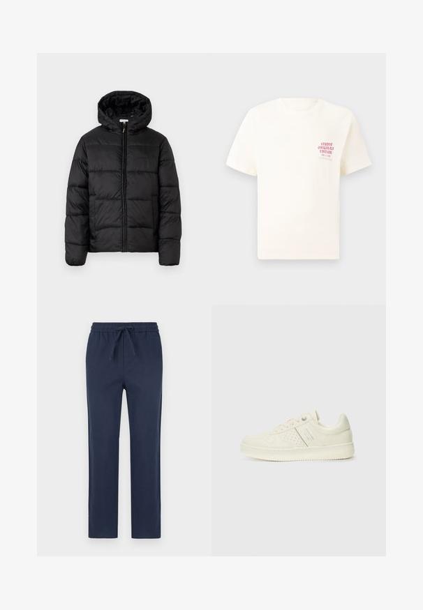 Casaco puffer preto com capuz, apresentando painéis acolchoados horizontais, fecho com zíper na frente e uma textura suave e brilhante.; T-shirt branca de mangas curtas com o texto vermelho "Edição Originais do Estúdio" no lado esquerdo do peito, apresentada sobre um fundo cinza neutro.; Calças de cintura elástica azul-marinho com cordão, design de perna reta, textura suave e sem padrões ou detalhes de hardware visíveis.; Sapatilha de cor creme com detalhes perfurados, atacadores e logotipo na lateral, apresentada contra um fundo branco liso.