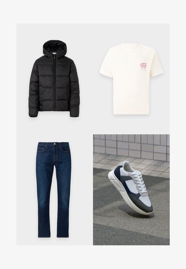 Čierna prešívaná bunda s kapucňou, s horizontálnymi prešívanými panelmi, so zipsom vpredu a hladkou, lesklou textúrou.; Biele tričko s krátkym rukávom s červeným textom "Studio Originals Edition" na ľavej hrudi, zobrazené na neutrálnom šedom pozadí.; Tmavomodré denimové nohavice s rovnými nohavicami. Vlastnosti zahŕňajú kontrastné švy, päť vreciek a predné zapínanie na gombík.; Biele, námornícke a šedé tenisky s kombinovaným materiálom, so štruktúrovaným zvrškom, plochými šnúrkami a polstrovanou podošvou.