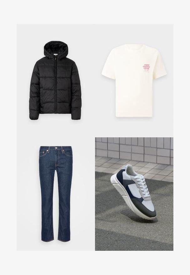 Mustapukuinen puhvijakku, jossa on huppu, vaakasuorat tikatut paneelit, vetoketjukiinnitys ja sileä, kiiltävä pinta.; Valkoinen lyhythihainen t-paita, jossa on punainen teksti "Studio Originals Edition" vasemmalla rinnalla, esitetty neutraalilla harmaalla taustalla.; Tummansiniset suorat farkut, joissa on oranssit tikkaukset, viisi taskua sekä edessä nappi- ja vetoketjusuljenta.; Valkoinen, laivastonsininen ja harmaa tennari sekamateriaalimuotoilulla, jossa on teksturoitu päällinen, litteät nauhat ja pehmustettu pohja.