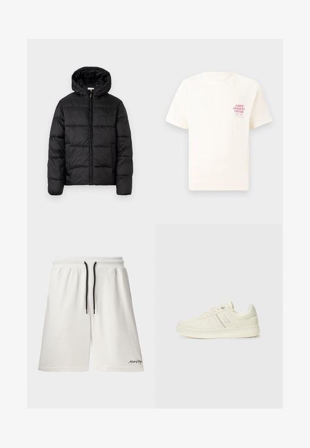 Svart puffjakke med hette, med horisontale quiltpaneler, glidelås foran og en glatt, shiny tekstur.; Hvit T-skjorte med korte ermer og rød tekst "Studio Originals Edition" på venstre bryst, vist på en nøytral grå bakgrunn.; Hvite bomullsshorts med snøring i midjen og svarte detaljer. Har sidelommer og en liten logo på kanten. Myk tekstur.; Kremfargede sneakers med perforerte detaljer, snøring og logo på siden, vist mot en enkel hvit bakgrunn.