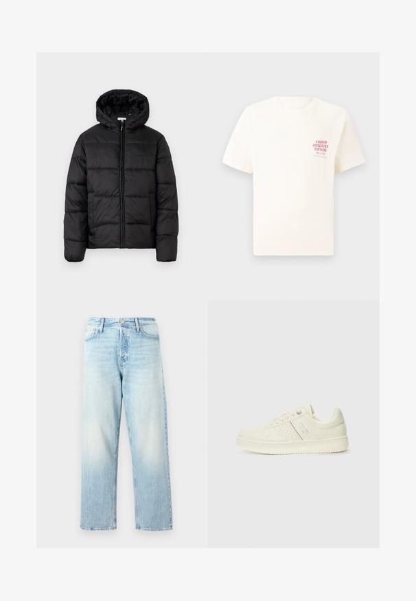 Melnā pūkainā jaka ar kapuci, ar horizontāliem quiltotiem paneļiem, ar rāvējslēdzēju priekšpusē un gludu, spīguļojošu tekstūru.; Balts īsām piedurknēm T-krekls ar sarkanu tekstu "Studio Originals Edition" uz kreisā krūšu, pakārtots neitrālā pelēkā fonā.; Gai zila džinsu bikses ar taisnu kāju dizainu, izbalējušu virsmu un redzamām šuvēm. Aprīkotas ar klasisku pogu un rāvējslēdzēja aizdari.; Krēmbaltie sporta apavi ar perforētu detaļām, auklām un logotipu sānos, attēloti uz vienkārša baltā fona.