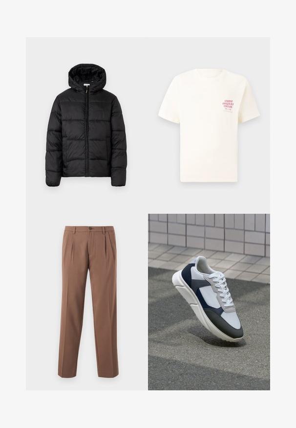 Fekete puffermellény kapucnival, vízszintes steppelésekkel, cipzáros elülső záródással és sima, fényes felülettel.; Fehér, rövid ujjú póló, bal mellen piros szöveggel "Studio Originals Edition", semleges szürke háttér előtt.; Barna plisírozott nadrág egyenes szárú fazonnal, egyetlen gombos záródással és sima, texturált anyaggal.; Fehér, tengerészkék és szürke sneaker vegyes anyagokból készült dizájnnal, amely textúrázott felsőrésszel, lapos fűzőkkel és párnázott talppal rendelkezik.