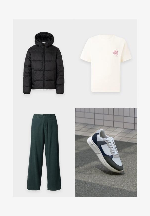 Casaco puffer preto com capuz, apresentando painéis acolchoados horizontais, fecho com zíper na frente e uma textura suave e brilhante.; T-shirt branca de mangas curtas com o texto vermelho "Edição Originais do Estúdio" no lado esquerdo do peito, apresentada sobre um fundo cinza neutro.; Calças largas em corduroy verde com corte reto; apresentam um fecho de botão e dois bolsos laterais. Tecido texturizado e em ribetes.; Sapatilhas brancas, azuis-marinho e cinzas com um design de materiais mistos, apresentando uma parte superior texturizada, atacadores planos e uma sola acolchoada.