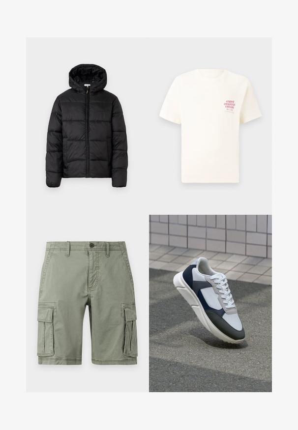 Black puffer jacket with a hood, featuring horizontal quilted panels, zip front closure, and a smooth, shiny texture.; White short-sleeve T-shirt with red text "Studio Originals Edition" on left chest, displayed on a neutral gray background.; Green cargo shorts made of cotton blend, featuring two side pockets, button closure, and straight cut design.; White, navy, and gray sneaker with a mixed material design, featuring a textured upper, flat laces, and a cushioned sole.