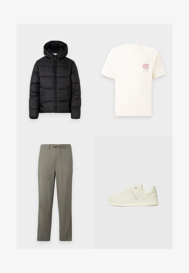 Schwarze Steppjacke mit Kapuze, ausgestattet mit horizontalen Stepppanelen, Reißverschluss vorne und einer glatten, glänzenden Textur.; Weißes T-Shirt mit kurzen Ärmeln und rotem Text "Studio Originals Edition" auf der linken Brust, präsentiert vor einem neutralen grauen Hintergrund.; Herren-Hellgraue Leinenmischungshosen mit einem Kordelzugbund, geraden Beinen und subtiler Textur; mit normalen Taschen und ohne auffällige Muster.; Cremefarbene Sneaker mit perforierten Details, Schnürsenkeln und Logo an der Seite, vor einem schlichten weißen Hintergrund präsentiert.