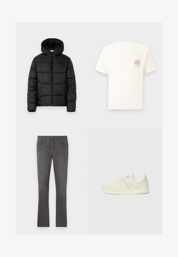 Casaco puffer preto com capuz, apresentando painéis acolchoados horizontais, fecho com zíper na frente e uma textura suave e brilhante.; T-shirt branca de mangas curtas com o texto vermelho "Edição Originais do Estúdio" no lado esquerdo do peito, apresentada sobre um fundo cinza neutro.; Jeans cinza slim-fit para homem com bolsos frontais, passantes para cinto e fecho de botão sobre um fundo branco.; Sapatilha de cor creme com detalhes perfurados, atacadores e logotipo na lateral, apresentada contra um fundo branco liso.