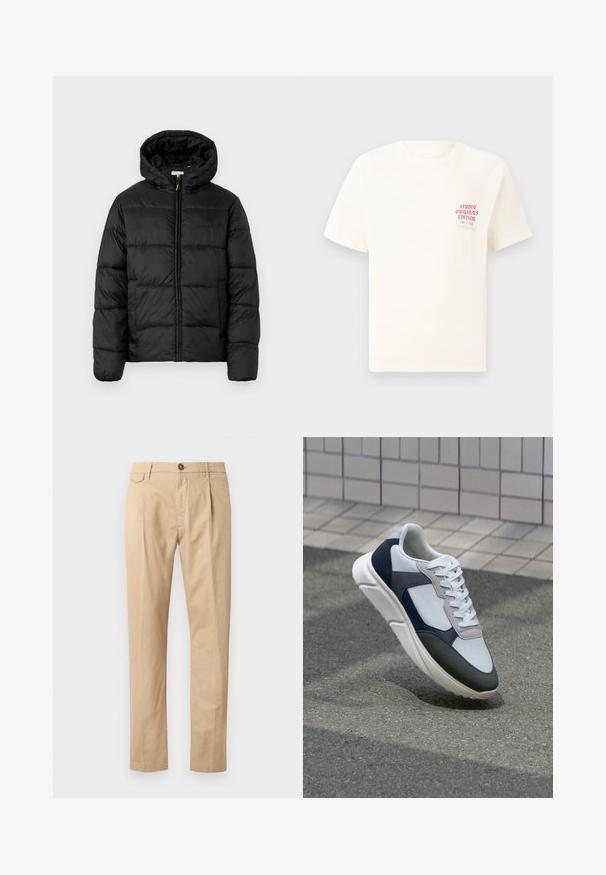 Giacca a vento nera con cappuccio, caratterizzata da pannelli trapuntati orizzontali, chiusura frontale con zip e una texture liscia e lucida.; T-shirt bianco a maniche corte con testo rosso "Studio Originals Edition" sul lato sinistro del petto, esposto su uno sfondo grigio neutro.; Pantaloni beige in cotone straigh-leg da uomo con tasche frontali, passanti per cintura, chiusura con bottone e zip, su uno sfondo bianco.; Sneaker bianca, blu navy e grigia con un design a materiali misti, caratterizzata da una tomaia testurizzata, lacci piatti e una suola imbottita.