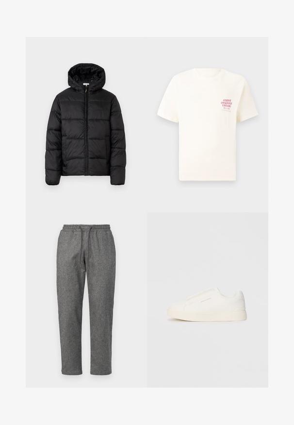 Črna pufasta bunda s kapuco, ki ima vodoravne prešite plošče, sprednje zapiranje na zadrgo in gladko, sijočo teksturo.; Bela majica s kratkimi rokavi z rdečim napisom "Studio Originals Edition" na levi strani prsnega koša, prikazana na nevtralnem sivo backgroundu.; Sive, pletene trenirke z vrvico za oblačenje v pasu, zožene hlačnice in subtilen teksturiran vzorec po celotni tkanini.; Bele zapete brez vezalk z teksturirano površino, debelim podplatom in minimalističnim dizajnom. Na strani se nahaja logotip blagovne znamke.