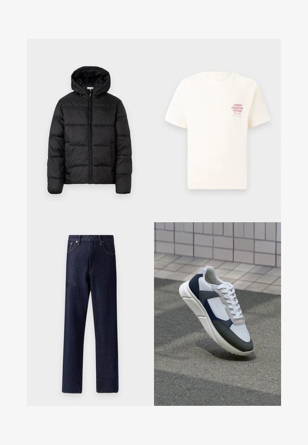 Czarna kurtka puchowa z kapturem, z poziomymi pikowanymi panelami, zapinana na zamek błyskawiczny z przodu i o gładkiej, błyszczącej fakturze.; Biała koszulka z krótkim rękawem z czerwonym napisem "Studio Originals Edition" po lewej stronie klatki piersiowej, wyeksponowana na neutralnym szarym tle.; Granatowe dżinsy z prostymi nogawkami, pięcioma kieszeniami i subtelnymi detalami w szyciu. Średni stan z metalowym guzikiem i zapięciem na zamek błyskawiczny.; Białe, granatowe i szare sneakersy o mieszanej konstrukcji, z teksturowanym wierzchem, płaskimi sznurowadłami i amortyzowaną podeszwą.
