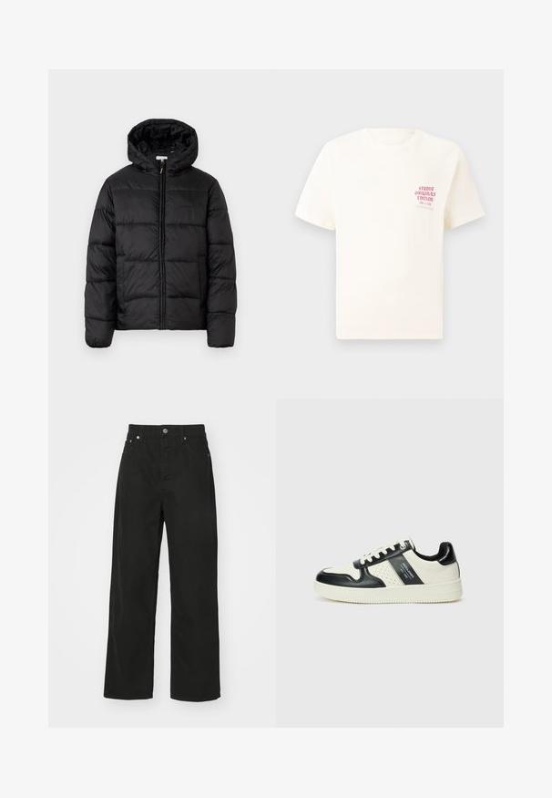 Giacca a vento nera con cappuccio, caratterizzata da pannelli trapuntati orizzontali, chiusura frontale con zip e una texture liscia e lucida.; T-shirt bianco a maniche corte con testo rosso "Studio Originals Edition" sul lato sinistro del petto, esposto su uno sfondo grigio neutro.; Pantaloni in denim nero con design a gamba dritta, dotati di cinque tasche, chiusura con bottone e vita classica. Tessuto morbido.; Sneakers in pelle con una combinazione di colori nero e crema, dotati di dettagli perforati, collare imbottito e suola testurizzata.