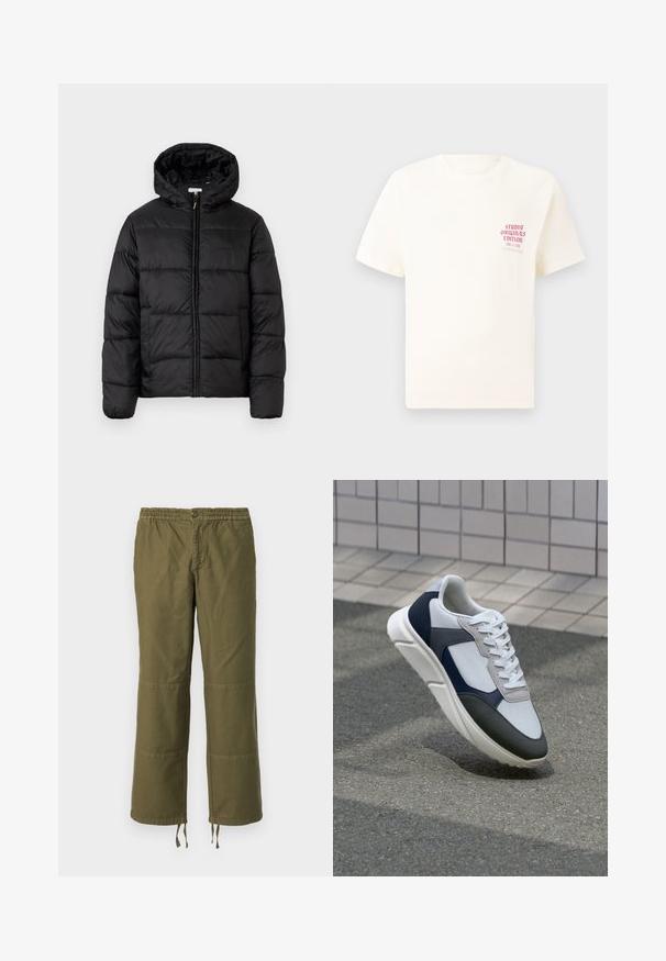 Casaco puffer preto com capuz, apresentando painéis acolchoados horizontais, fecho com zíper na frente e uma textura suave e brilhante.; T-shirt branca de mangas curtas com o texto vermelho "Edição Originais do Estúdio" no lado esquerdo do peito, apresentada sobre um fundo cinza neutro.; Calças largas em verde-azeitona, feitas de algodão, com uma cintura elástica, fecho de botão e detalhes de remendo contrastantes nos joelhos.; Sapatilhas brancas, azuis-marinho e cinzas com um design de materiais mistos, apresentando uma parte superior texturizada, atacadores planos e uma sola acolchoada.
