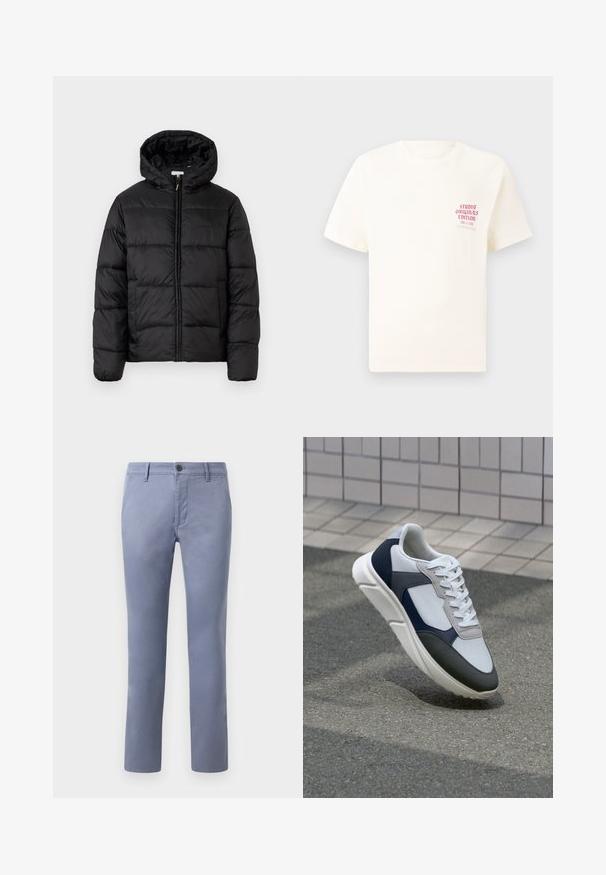 Casaco puffer preto com capuz, apresentando painéis acolchoados horizontais, fecho com zíper na frente e uma textura suave e brilhante.; T-shirt branca de mangas curtas com o texto vermelho "Edição Originais do Estúdio" no lado esquerdo do peito, apresentada sobre um fundo cinza neutro.; Chinos de algodão azul claro com corte slim, apresentando fecho com botão, passantes para cinto e bolsos laterais, textura suave e pernas retas.; Sapatilhas brancas, azuis-marinho e cinzas com um design de materiais mistos, apresentando uma parte superior texturizada, atacadores planos e uma sola acolchoada.