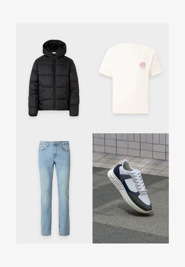 Giacca a vento nera con cappuccio, caratterizzata da pannelli trapuntati orizzontali, chiusura frontale con zip e una texture liscia e lucida.; T-shirt bianco a maniche corte con testo rosso "Studio Originals Edition" sul lato sinistro del petto, esposto su uno sfondo grigio neutro.; Jeans in denim blu chiaro con gamba dritta, caratterizzati da un classico design a cinque tasche, passanti per cintura e chiusura con zip.; Sneaker bianca, blu navy e grigia con un design a materiali misti, caratterizzata da una tomaia testurizzata, lacci piatti e una suola imbottita.