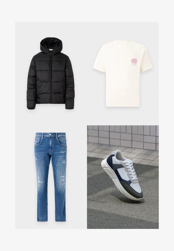 Chaqueta de plumas negra con capucha, que presenta paneles acolchados horizontales, cierre frontal con cremallera y una textura suave y brillante.; Camiseta blanca de manga corta con el texto rojo "Edición de Studio Originals" en el lado izquierdo del pecho, exhibida sobre un fondo gris neutro.; Pantalones vaqueros de mezclilla en un lavado azul claro con un corte regular. Presentan detalles desgastados y un sutil desgaste cerca de los bolsillos y las rodillas.; Zapatilla blanca, azul marino y gris con un diseño de materiales mixtos, que presenta una parte superior texturizada, cordones planos y una suela acolchada.