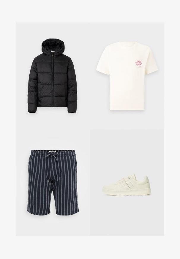 Chaqueta de plumas negra con capucha, que presenta paneles acolchados horizontales, cierre frontal con cremallera y una textura suave y brillante.; Camiseta blanca de manga corta con el texto rojo "Edición de Studio Originals" en el lado izquierdo del pecho, exhibida sobre un fondo gris neutro.; Pantalones cortos a rayas azul marino hechos de una tela ligera, que cuentan con una cinturilla elástica con cuerda de ajuste y rayas verticales de color azul claro.; Zapatilla color crema con detalles perforados, cordones y logotipo en el lateral, exhibida sobre un fondo blanco liso.