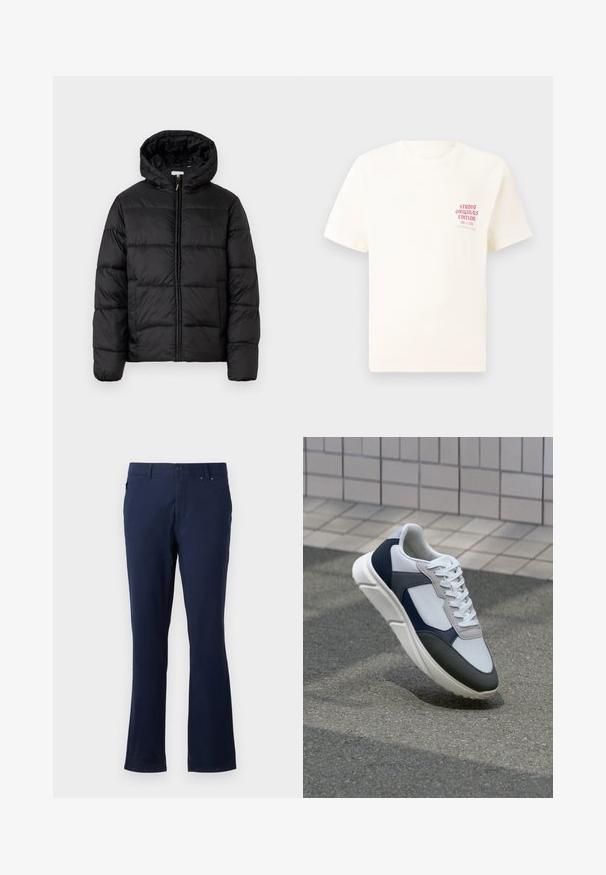 Casaco puffer preto com capuz, apresentando painéis acolchoados horizontais, fecho com zíper na frente e uma textura suave e brilhante.; T-shirt branca de mangas curtas com o texto vermelho "Edição Originais do Estúdio" no lado esquerdo do peito, apresentada sobre um fundo cinza neutro.; Calças azul marinho feitas de um tecido leve, com um design de perna reta, bolsos frontais e fecho de botão na cintura.; Sapatilhas brancas, azuis-marinho e cinzas com um design de materiais mistos, apresentando uma parte superior texturizada, atacadores planos e uma sola acolchoada.