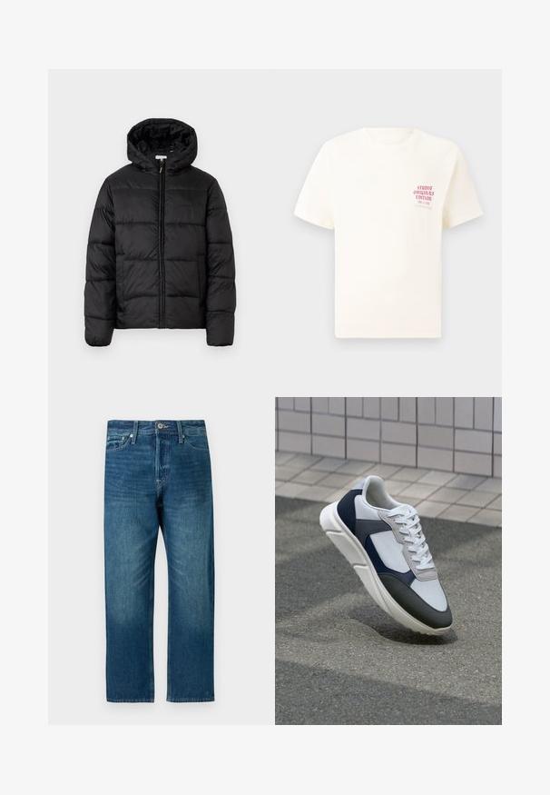 Giacca a vento nera con cappuccio, caratterizzata da pannelli trapuntati orizzontali, chiusura frontale con zip e una texture liscia e lucida.; T-shirt bianco a maniche corte con testo rosso "Studio Originals Edition" sul lato sinistro del petto, esposto su uno sfondo grigio neutro.; Jeans in denim di colore blu scuro con una vestibilità dritta, dotati di cinque tasche, passanti per cintura e chiusura con bottone.; Sneaker bianca, blu navy e grigia con un design a materiali misti, caratterizzata da una tomaia testurizzata, lacci piatti e una suola imbottita.