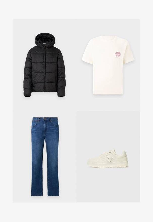 Chaqueta de plumas negra con capucha, que presenta paneles acolchados horizontales, cierre frontal con cremallera y una textura suave y brillante.; Camiseta blanca de manga corta con el texto rojo "Edición de Studio Originals" en el lado izquierdo del pecho, exhibida sobre un fondo gris neutro.; Pantalones vaqueros de mezclilla azul oscuro con un diseño de pierna recta, cinco bolsillos y un cierre de botón en la cintura. Textura suave con un ligero desgaste.; Zapatilla color crema con detalles perforados, cordones y logotipo en el lateral, exhibida sobre un fondo blanco liso.