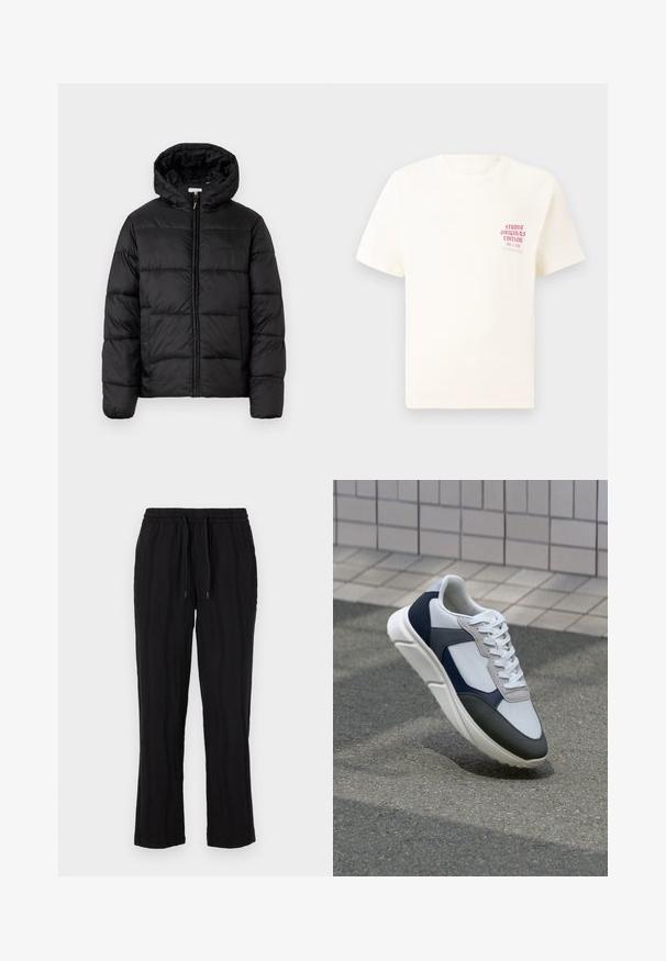 Casaco puffer preto com capuz, apresentando painéis acolchoados horizontais, fecho com zíper na frente e uma textura suave e brilhante.; T-shirt branca de mangas curtas com o texto vermelho "Edição Originais do Estúdio" no lado esquerdo do peito, apresentada sobre um fundo cinza neutro.; Calças pretas com um cós elástico e cordão, apresentando um padrão de risca vertical texturizada e um design de perna reta.; Sapatilhas brancas, azuis-marinho e cinzas com um design de materiais mistos, apresentando uma parte superior texturizada, atacadores planos e uma sola acolchoada.