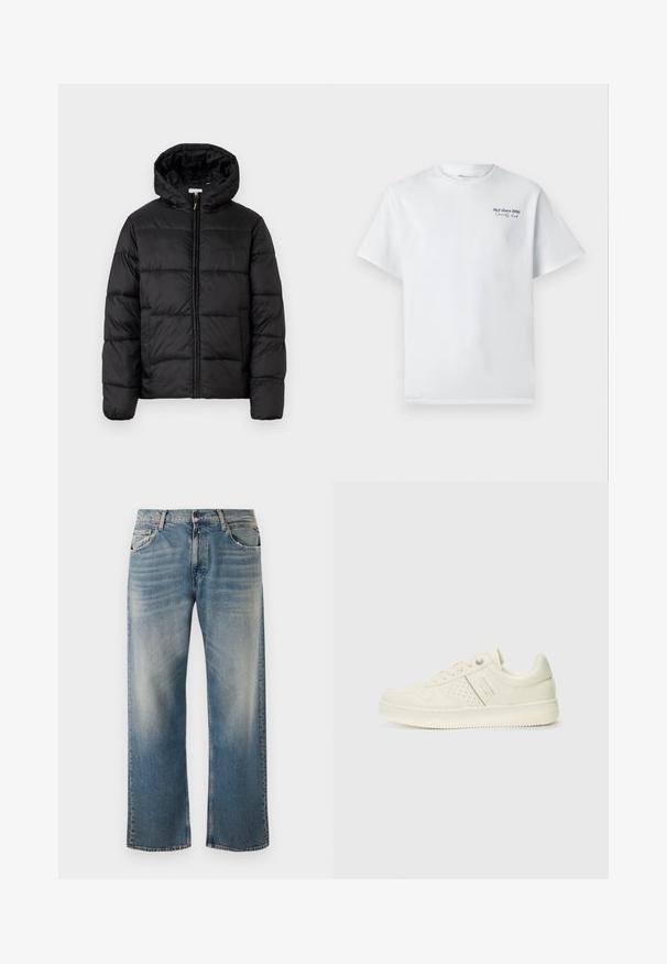 Casaco puffer preto com capuz, apresentando painéis acolchoados horizontais, fecho com zíper na frente e uma textura suave e brilhante.; T-shirt de algodão branca com mangas curtas e decote redondo, apresentando um pequeno logótipo em texto preto "J&J since 1990 Society Club" no peito.; Calças de ganga azuis com um corte relaxado e perna reta. Apresentam realces em tons mais claros e um clássico design de cinco bolsos com detalhes em costura.; Sapatilha de cor creme com detalhes perfurados, atacadores e logotipo na lateral, apresentada contra um fundo branco liso.