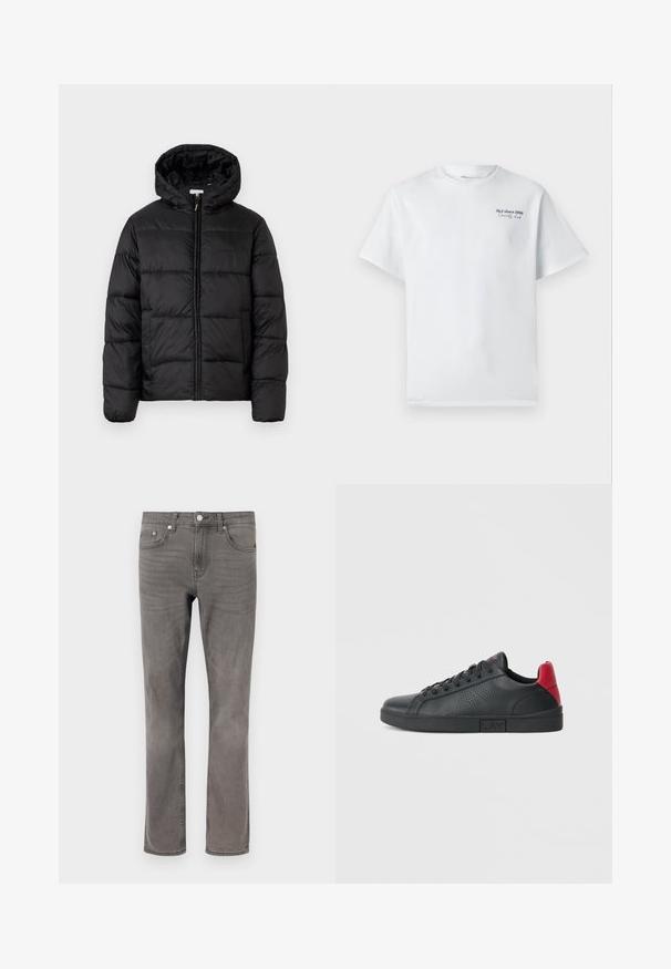 Jachetă puffer neagră cu glugă, cu panouri quilted orizontale, închidere prin fermoar și o textură netedă, lucioasă.; Tricou alb din bumbac cu mâneci scurte, guler rotund, având un mic logo din text negru "J&J since 1990 Society Club" pe piept.; Jeans din denim gri cu o croială dreaptă, dotate cu cinci buzunare, închidere cu nasture și o decolorare subtilă pe material.; Sneaker sintetic negre cu accente roșii la călcâi, design perforat pe lateral, vârf rotund, talpă plată neagră și șireturi negre.