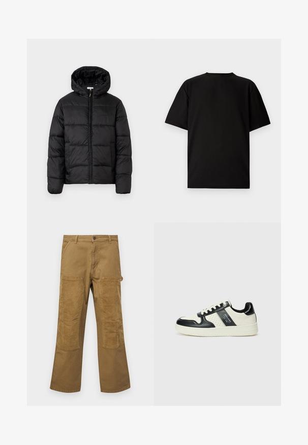 Musternaturmustar coat mustelhoovaga, hrisontaalsete tikandi paneelidega, tõmbluku ees sulgemisega ja sujuva, läikiva tekstuuriga.; Mustus lühikeste varrukatega T-särk ribakanga materjalist. Omab ümmargust kaelust ja lõõgastavat istuvust, millel on sile tekstuur. Ainult tagavaade.; Prantsud, mis on valmistatud pruuni puuvillast, kontrastsete ribatud kangast plaastritega, sirge lõikega, viie tasku ja nööbiga sulgemine.; Nahatud nahkkingad musta ja kreemi värviskeemiga, millel on perforeeritud aktsendid, pehme krae ja tekstureeritud tallad.