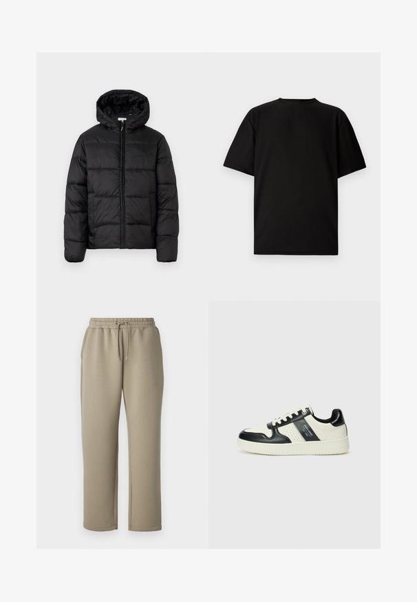 Schwarze Steppjacke mit Kapuze, ausgestattet mit horizontalen Stepppanelen, Reißverschluss vorne und einer glatten, glänzenden Textur.; Schwarzes kurzärmeliges T-Shirt aus geripptem Stoff. Mit rundem Halsausschnitt und lockerer Passform sowie glatter Textur. Nur Rückansicht.; Jack & Jones JPSTBILL JJKINETIC - Jogginghose - silver sage; Leder-Sneaker in Schwarz- und Cremetönen, mit perforierten Akzenten, einem gepolsterten Kragen und einer strukturierten Laufsohle.
