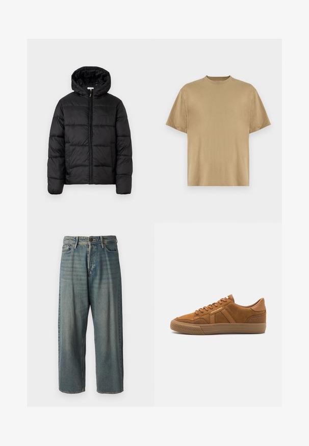 Black puffer jacket with a hood, featuring horizontal quilted panels, zip front closure, and a smooth, shiny texture.; Khaki short-sleeve T-shirt made of soft fabric, featuring a round neckline and a relaxed fit. No patterns or graphics are visible.; Light blue denim jeans with a loose fit, mid-rise waist, and straight legs. Features five pockets, belt loops, and a button closure.; Jack & Jones JFWMORDEN - Trainers - cognac