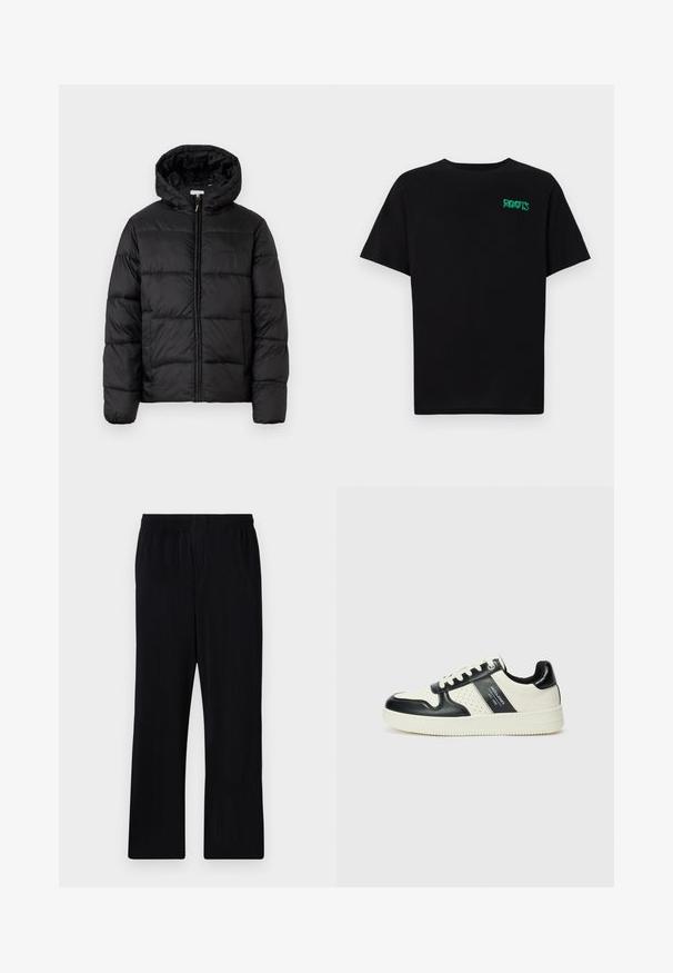 Svart puffjakke med hette, med horisontale quiltpaneler, glidelås foran og en glatt, shiny tekstur.; svart t-skjorte laget av bomull med korte ermer. Har et grønt "ROOTS"-logo på forsiden, rund halsutringning og standard passform.; Svarte, plisserte bukser med elastisk midjebånd, rett ben-design og teksturert stoff. Ingen synlige lommer eller dekorelementer.; Lædersneakers med sort og creme farveskema, der har perforerede detaljer, en polstret krave og en struktureret ydersål.