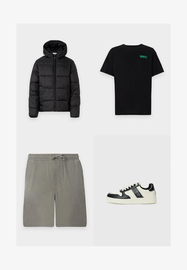 Zwarte pufferjack met een capuchon, met horizontale gestikte panelen, ritssluiting aan de voorkant en een gladde, glanzende textuur.; Zwarte T-shirt van katoen met korte mouwen. Heeft een groen "ROOTS" logo op de voorkant, een ronde halslijn en een standaard pasvorm.; Lichtgrijze shorts van gestructureerde stof. Voorzien van een elastische tailleband, trekkoord en zijzak. Eenvoudig, recht gesneden ontwerp.; Leren sneakers met een zwart en crèmekleurig kleurenschema, voorzien van geperforeerde accenten, een gevoerde kraag en een gestructureerde buitenzool.