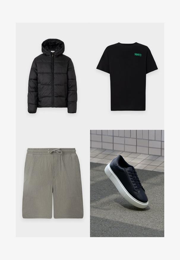 Melnā pūkainā jaka ar kapuci, ar horizontāliem quiltotiem paneļiem, ar rāvējslēdzēju priekšpusē un gludu, spīguļojošu tekstūru.; Melna kokvilnas t-kreka ar īsām piedurknēm. Uz priekšu ir zaļa "ROOTS" logo, apaļa kakla izgriezums un standarta piegriezums.; Gaiši pelēki šorti, kas izgatavoti no teksturēta auduma. Aprīkoti ar elastīgu jostu, auklu un sānu kabatu. Vienkāršs, taisna griezuma dizains.; Melnas ādas kedas ar noapaļotu pirkstu un baltu gumijas zoli. Iespējas - plakanas šņorītes un minimāla apdare augšdaļā. Struktūrēta zole, lai nodrošinātu saķeri.