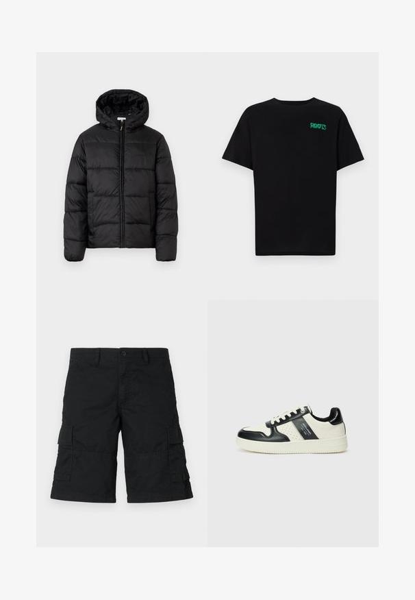 Čierna prešívaná bunda s kapucňou, s horizontálnymi prešívanými panelmi, so zipsom vpredu a hladkou, lesklou textúrou.; Čierne tričko s krátkymi rukávmi vyrobené z bavlny. Na prednej strane má zelené logo "ROOTS", okrúhly výstrih a štandardný strih.; Čierne cargo šortky vyrobené z ľahkej tkaniny; obsahujú dve bočné vrecká a dva vrecká s klopou; rovný strih s voľným strihom.; Kožené tenisky v čierno-krémovej farbe, s perforovanými akcentmi, polstrovaným golierom a štruktúrovanou podrážkou.
