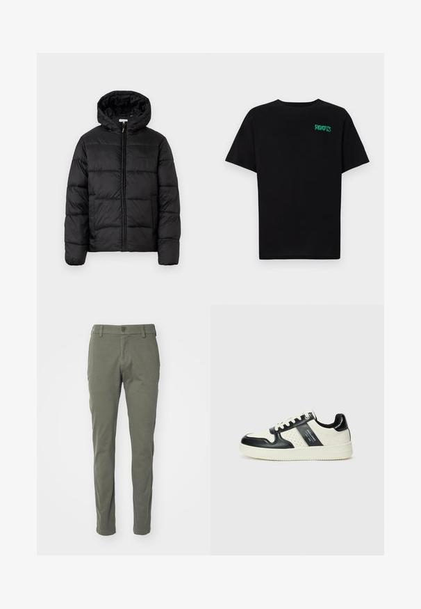 Melnā pūkainā jaka ar kapuci, ar horizontāliem quiltotiem paneļiem, ar rāvējslēdzēju priekšpusē un gludu, spīguļojošu tekstūru.; Melna kokvilnas t-kreka ar īsām piedurknēm. Uz priekšu ir zaļa "ROOTS" logo, apaļa kakla izgriezums un standarta piegriezums.; Olīvu zaļās bikses, kas izgatavotas no gludas auduma, ar pogu aizdari, jostu cilpiņām un taisnu griezumu. Nav redzamu rakstu vai akcentu.; Ādas sporta apavi ar melnbaltu krāsu shēmu, ar perforētiem akcentiem, mīkstinātu apkakli un teksturētu zoli.