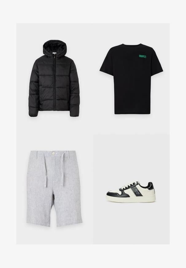 Juodas pūkinis švarkas su kapišonu, su horizontaliai siuvinėtais audinio ruožais, priekyje užsegamas užtrauktuku ir turintis lygią, blizgią tekstūrą.; Juodas medvilninis marškinėliai trumpomis rankovėmis. Priekyje yra žalias „ROOTS“ logotipas, apvalus iškirpimas ir standartinė prigludimo forma.; Šviesiai pilki šortai, pagaminti iš tekstūruotos medžiagos, su raišteliu ir mygtuku, turintys dvi šonines kišenes ir tiesaus kirpimo dizainą.; Odiniai sportbačiai juodos ir kreminės spalvų schemoje, su perforuotais akcentais, paminkštinta apykakle ir tekstūruotu padu.