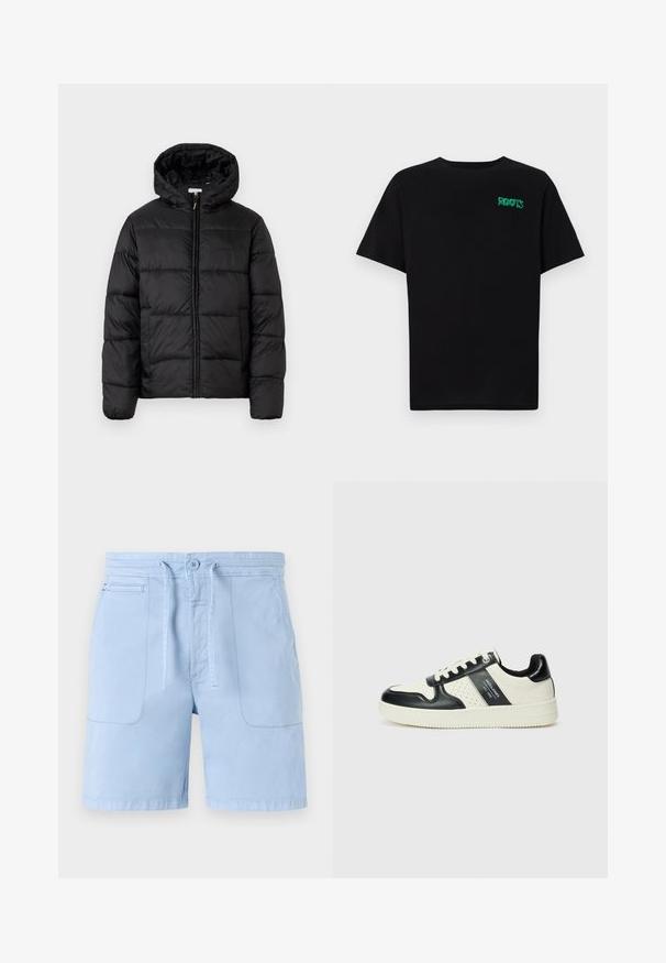 Melnā pūkainā jaka ar kapuci, ar horizontāliem quiltotiem paneļiem, ar rāvējslēdzēju priekšpusē un gludu, spīguļojošu tekstūru.; Melna kokvilnas t-kreka ar īsām piedurknēm. Uz priekšu ir zaļa "ROOTS" logo, apaļa kakla izgriezums un standarta piegriezums.; Gaiši zili kokvilnas šorti ar aukliņu jostā, divām priekšējām kabatām un gludu tekstūru. Pamata dizains ar minimālām akcentiem.; Ādas sporta apavi ar melnbaltu krāsu shēmu, ar perforētiem akcentiem, mīkstinātu apkakli un teksturētu zoli.
