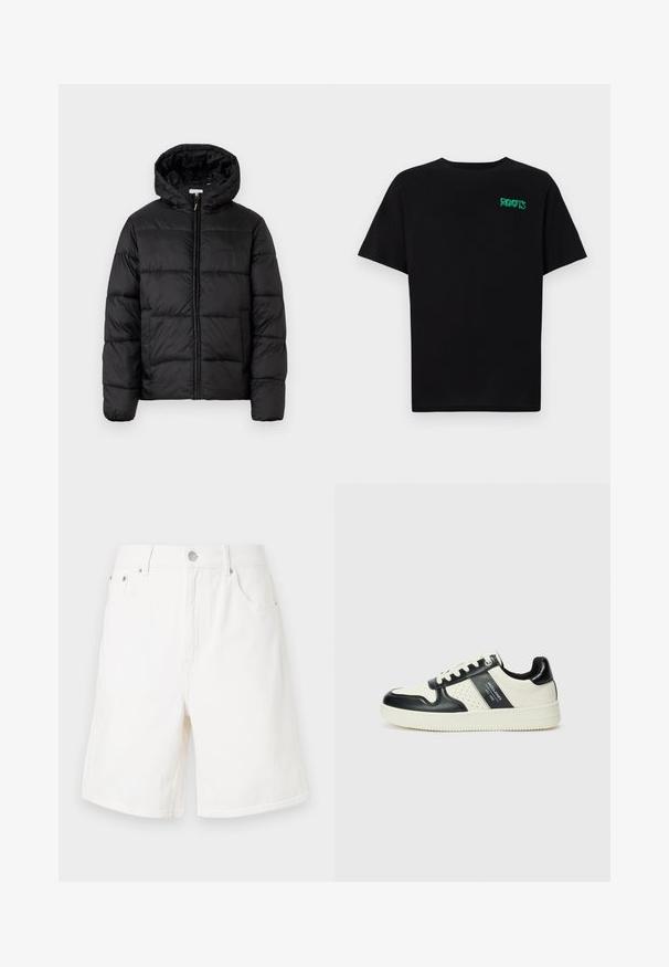 Melnā pūkainā jaka ar kapuci, ar horizontāliem quiltotiem paneļiem, ar rāvējslēdzēju priekšpusē un gludu, spīguļojošu tekstūru.; Melna kokvilnas t-kreka ar īsām piedurknēm. Uz priekšu ir zaļa "ROOTS" logo, apaļa kakla izgriezums un standarta piegriezums.; Biezi balti džinsi šorti ar taisnu piegriezumu, piecām kabatām un sudraba pogu aizdari. Ievērojama tekstūra un līdzēti mali. ; Ādas sporta apavi ar melnbaltu krāsu shēmu, ar perforētiem akcentiem, mīkstinātu apkakli un teksturētu zoli.