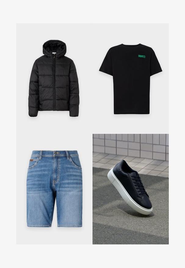 Black puffer jacket with a hood, featuring horizontal quilted panels, zip front closure, and a smooth, shiny texture.; Black t-shirt made of cotton with short sleeves. Features a green "ROOTS" logo on the front, round neckline, and standard fit.; Denim shorts in medium-blue, featuring a classic five-pocket design, straight cut, and stitched detailing along the seams.; Black leather sneaker with rounded toe and white rubber sole. Features flat laces and minimal stitching on the upper. Textured sole for grip.