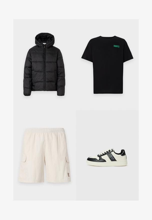 Casaco puffer preto com capuz, apresentando painéis acolchoados horizontais, fecho com zíper na frente e uma textura suave e brilhante.; T-shirt preta feita de algodão com mangas curtas. Apresenta um logótipo verde "ROOTS" na frente, gola redonda e corte standard.; Calções cargo bege com cintura elástica, dois bolsos laterais e um pequeno logótipo no canto inferior direito. Tecido suave e leve.; Ténis de couro com um esquema de cores em preto e creme, apresentando detalhes perfurados, um colarinho acolchoado e uma sola texturizada.