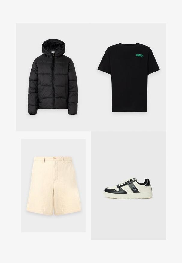 Čierna prešívaná bunda s kapucňou, s horizontálnymi prešívanými panelmi, so zipsom vpredu a hladkou, lesklou textúrou.; Čierne tričko s krátkymi rukávmi vyrobené z bavlny. Na prednej strane má zelené logo "ROOTS", okrúhly výstrih a štandardný strih.; Béžové ľanové šortky s prispôsobeným strihom, s predným zapínaním na gombík, dvomi bočnými vreckami a jemnou textúrou.; Kožené tenisky v čierno-krémovej farbe, s perforovanými akcentmi, polstrovaným golierom a štruktúrovanou podrážkou.
