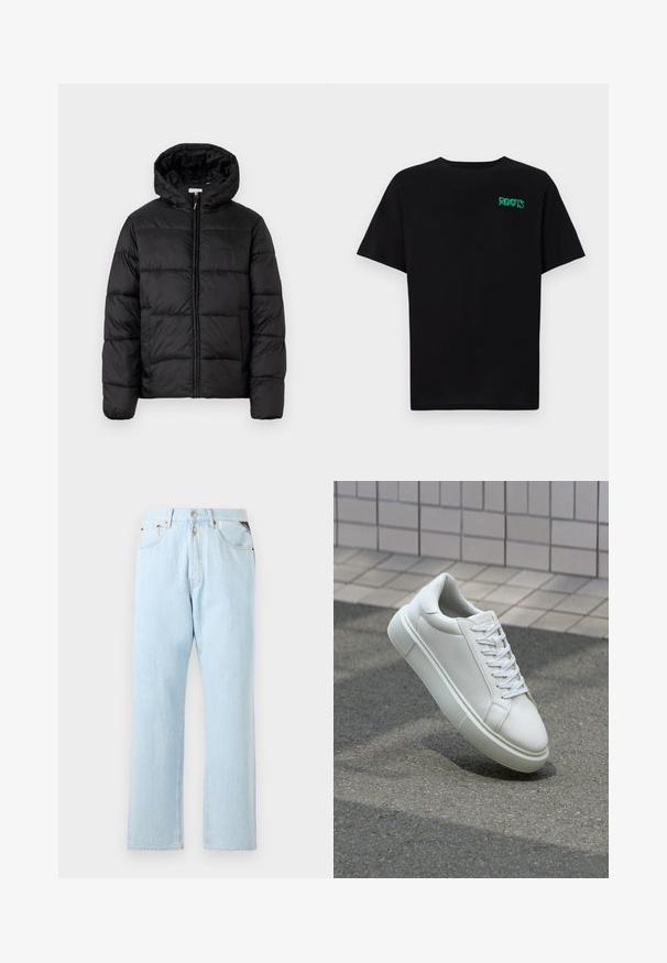 Musternaturmustar coat mustelhoovaga, hrisontaalsete tikandi paneelidega, tõmbluku ees sulgemisega ja sujuva, läikiva tekstuuriga.; Must t-särk, mis on valmistatud puuvillast, lühikeste varrukatega. Esipaneelil on roheline "ROOTS" logo, ümmargune kaelus ja tavapärane lõige.; Heledsinised teksad sirge säärega disainiga. Omab nupuvärviga ja tõmblukuga sulgemist, viit taskut ja kontrastset õmblust.; Valge nahkline sneka, millel on sile pind, ümar varvas ja lame valge pael. Omab tekstuuriga kummist talla ja minimaalset kujunduselementi.