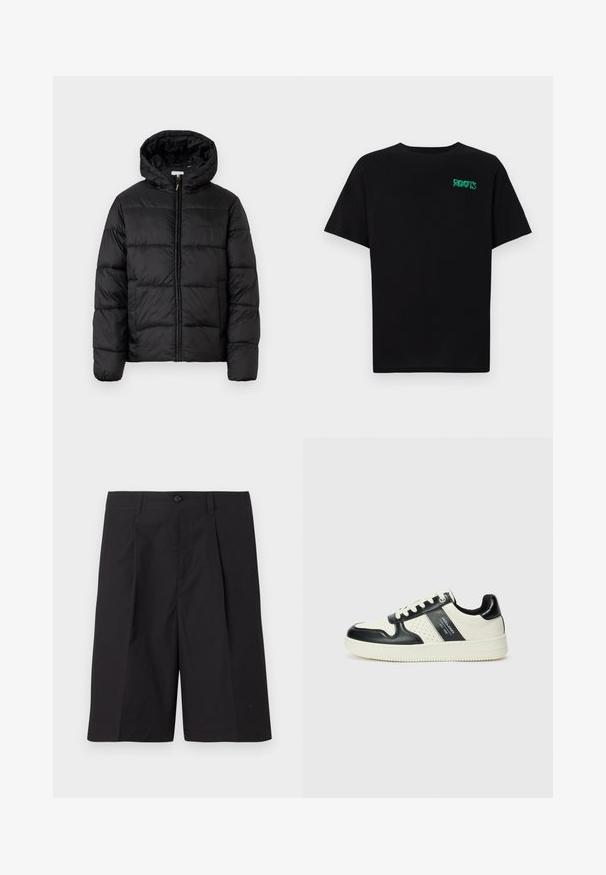 Black puffer jacket with a hood, featuring horizontal quilted panels, zip front closure, and a smooth, shiny texture.; Black t-shirt made of cotton with short sleeves. Features a green "ROOTS" logo on the front, round neckline, and standard fit.; Black tailored shorts made from lightweight fabric, featuring pleats, a button closure, and straight hem. Smooth texture and no visible patterns.; Leather sneakers with a black and cream color scheme, featuring perforated accents, a padded collar, and a textured outsole.