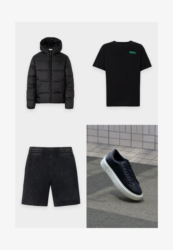 Veste matelassée noire avec capuche, présentant des panneaux matelassés horizontaux, un devant zippé et une texture lisse et brillante.; T-shirt noir en coton à manches courtes. Présente un logo "ROOTS" vert sur le devant, un col rond et une coupe standard.; Shorts noirs avec une texture délavée, taille élastique et coupe droite. Pas de poches ni d'ornements visibles.; Baskets noires en cuir avec bout arrondi et semelle en caoutchouc blanc. Elles présentent des lacets plats et une couture minimale sur la tige. Semelle texturée pour une bonne adhérence.