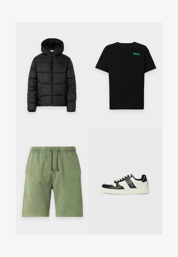 Črna pufasta bunda s kapuco, ki ima vodoravne prešite plošče, sprednje zapiranje na zadrgo in gladko, sijočo teksturo.; Črna majica iz bombaža z kratkimi rokavi. Na sprednji strani ima zeleno logotip "ROOTS", okroglo ovratnico in standardno prileganje.; Zeleni bombažni kratki hlače z elastičnim pasom, vrvico in stranskimi žepi; gladka površina in dizajn do kolen.; Usnjeni športni čevlji z črno in krem barvno shemo, ki vključujejo perforirane dodatke, podložen ovratnik in strukturirano podplat.