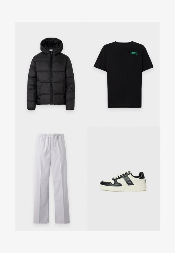 Chaqueta de plumas negra con capucha, que presenta paneles acolchados horizontales, cierre frontal con cremallera y una textura suave y brillante.; Camiseta negra de algodón con mangas cortas. Presenta un logo verde "ROOTS" en el frente, escote redondo y corte estándar.; Pantalones de pierna ancha en gris claro, con cintura elástica, hechos de una tela tejida y suave. Presenta pliegues bien marcados en la parte delantera.; Zapatillas de cuero con un esquema de colores negro y crema, que cuentan con acentos perforados, un collar acolchado y una suela texturizada.