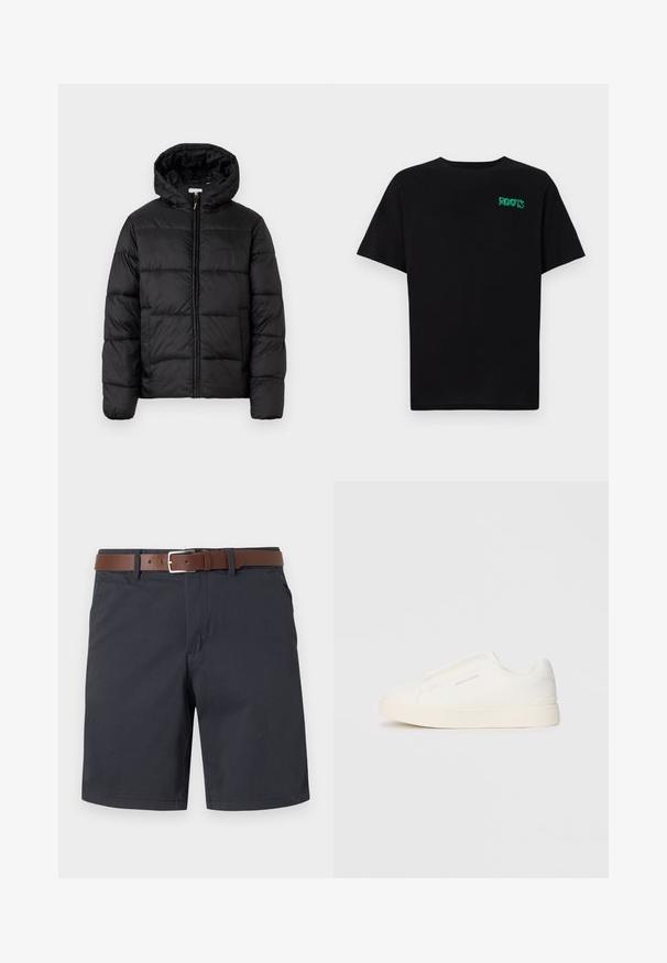 Čierna prešívaná bunda s kapucňou, s horizontálnymi prešívanými panelmi, so zipsom vpredu a hladkou, lesklou textúrou.; Čierne tričko s krátkymi rukávmi vyrobené z bavlny. Na prednej strane má zelené logo "ROOTS", okrúhly výstrih a štandardný strih.; Tmavomodré šortky z textúrovanej látky, s hnedým koženým opaskom. Klasický strih s dvoma bočnými vreckami a jednoduchým lemom.; Biele slip-on tenisky s textúrovaným povrchom, hrubou podrážkou a minimalistickým dizajnom. Obsahuje logo značky na boku.