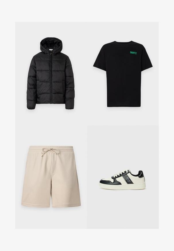 Černá péřová bunda s kapucí, s horizontálně prošívanými panely, předním zipovým zapínáním a hladkým, lesklým povrchem.; Černé tričko vyrobené z bavlny s krátkým rukávem. Na přední straně se nachází zelené logo "ROOTS", kulatý výstřih a standardní střih.; Bežové kraťasy s ribovanou texturou, vázáním v pase a bočními kapsami, které představují jednoduchý a funkční design.; Kožené tenisky s černobílou barevnou kombinací, které mají perforované detaily, polstrovaný límec a texturovanou podrážku.