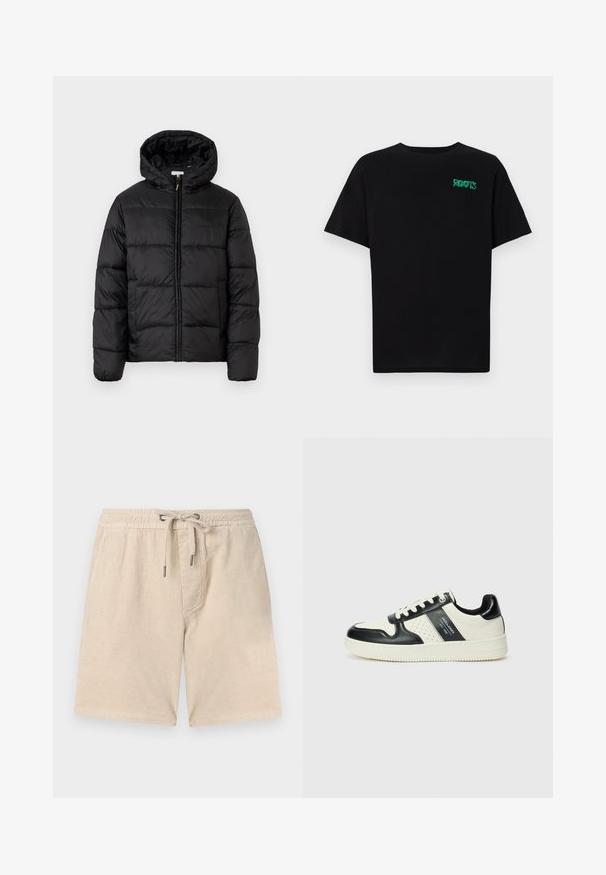 Chaqueta de plumas negra con capucha, que presenta paneles acolchados horizontales, cierre frontal con cremallera y una textura suave y brillante.; Camiseta negra de algodón con mangas cortas. Presenta un logo verde "ROOTS" en el frente, escote redondo y corte estándar.; Pantalones cortos de pana beige con cintura elástica, cierre con cordón y bolsillos laterales; presentan una textura acanalada vertical.; Zapatillas de cuero con un esquema de colores negro y crema, que cuentan con acentos perforados, un collar acolchado y una suela texturizada.